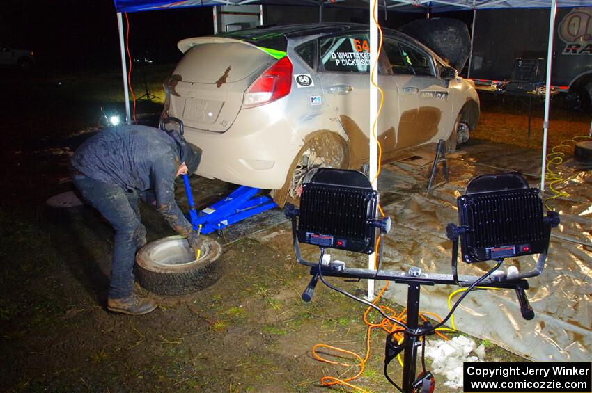 Paul Dickinson / Dylan Whittaker Ford Fiesta at service in Sidnaw after day one.