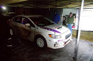 Jamey Randall / Geoff Youngdahl Subaru WRX at service in Sidnaw after day one.