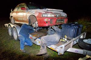 Arin DeMaster / Taylor Kildea Subaru Impreza at service in Sidnaw after day one.