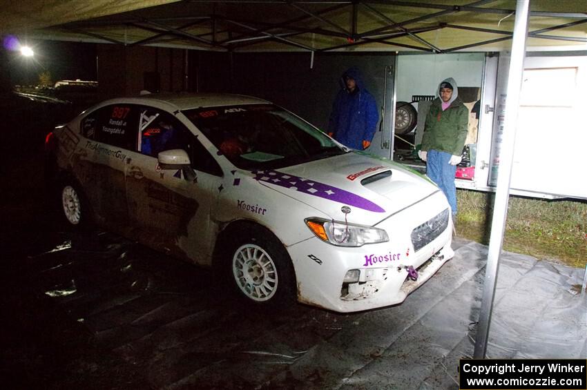 Jamey Randall / Geoff Youngdahl Subaru WRX at service in Sidnaw after day one.