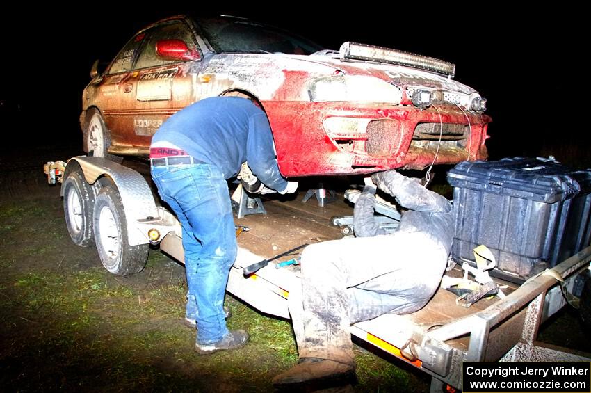 Arin DeMaster / Taylor Kildea Subaru Impreza at service in Sidnaw after day one.