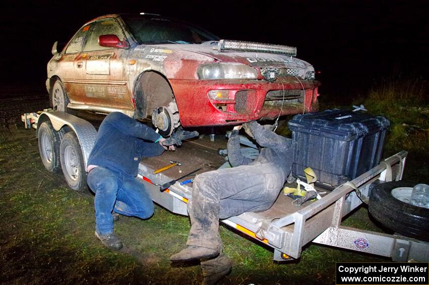 Arin DeMaster / Taylor Kildea Subaru Impreza at service in Sidnaw after day one.