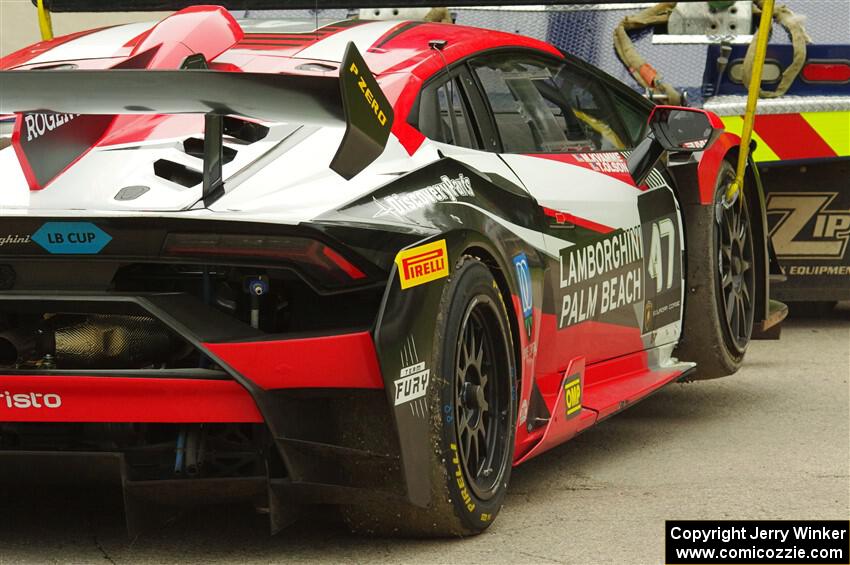 Mark Kvamme / Terry Olson Lamborghini Huracán LP 620-2 Super Trofeo EVO is towed off the track.