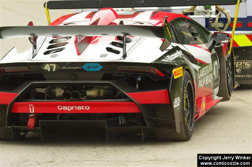 Mark Kvamme / Terry Olson Lamborghini Huracán LP 620-2 Super Trofeo EVO is towed off the track.