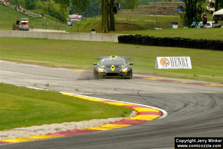 Matt Dicken's Lamborghini Huracán LP 620-2 Super Trofeo EVO spins at turn 6.