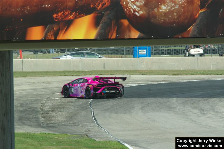 Slade Stewart's Lamborghini Huracán LP 620-2 Super Trofeo Evo2 spins at turn 8.