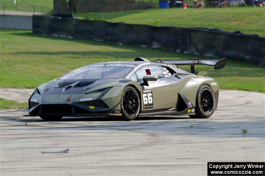 A.J. Muss / Lane Vacala Lamborghini Huracán LP 620-2 Super Trofeo Evo2 spins and stalls at turn 6.