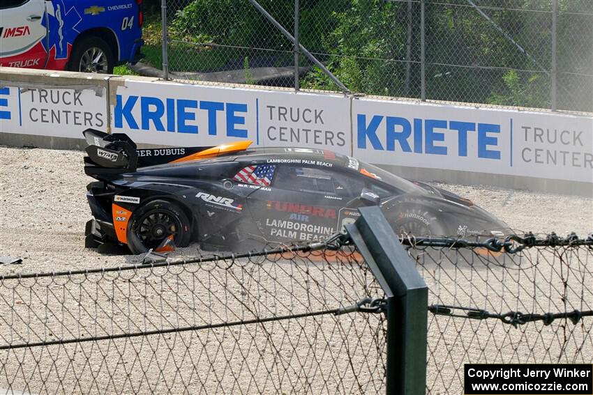 Ryan Norman's Lamborghini Huracán LP 620-2 Super Trofeo Evo2 goes off at turn 12.