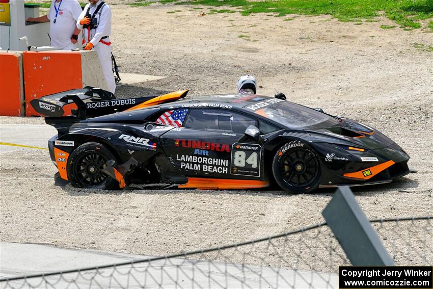 Ryan Norman's Lamborghini Huracán LP 620-2 Super Trofeo Evo2 goes off at turn 12.