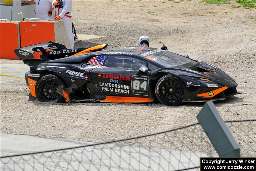 Ryan Norman's Lamborghini Huracán LP 620-2 Super Trofeo Evo2 goes off at turn 12.