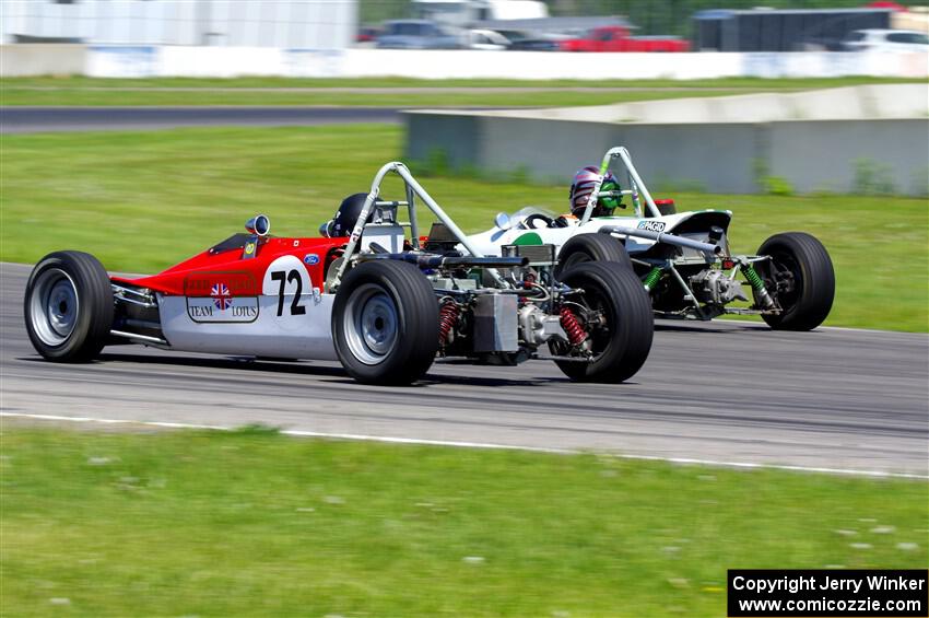 Murray Burkett's Chinook Mk IX Formula Ford passes Nicole Schellekens'  Lotus 61MX Formula Ford