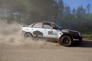 John Farrow / Peter Farrow Subaru WRX at the finish of SS6, Spur 2 Cutoff II.