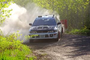 Aidan Hicks / John Hicks Subaru Impreza Wagon at the finish of SS6, Spur 2 Cutoff II.