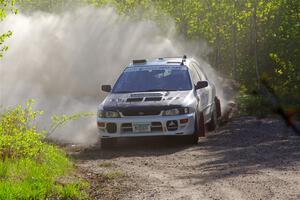 Aidan Hicks / John Hicks Subaru Impreza Wagon at the finish of SS6, Spur 2 Cutoff II.