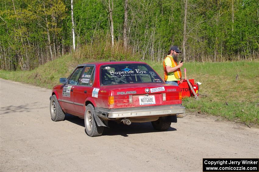 Levi Johnson / Matt Nykanen BMW 325e at the finish of SS6, Spur 2 Cutoff II.