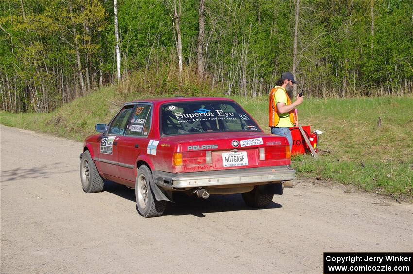 Levi Johnson / Matt Nykanen BMW 325e at the finish of SS6, Spur 2 Cutoff II.