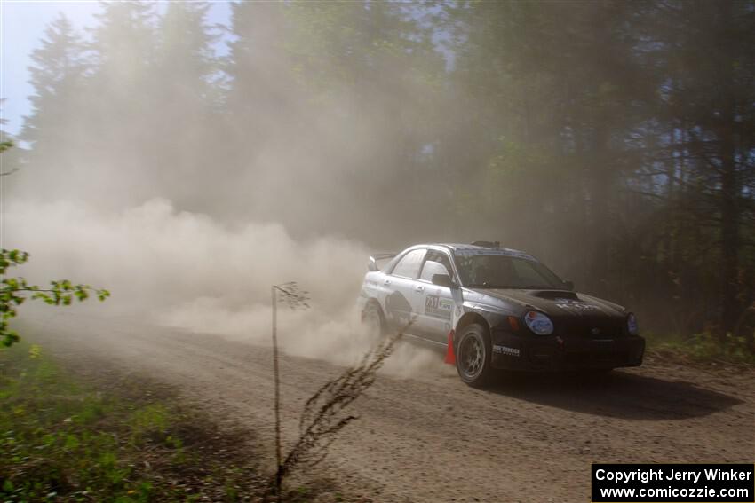 John Farrow / Peter Farrow Subaru WRX at the finish of SS6, Spur 2 Cutoff II.