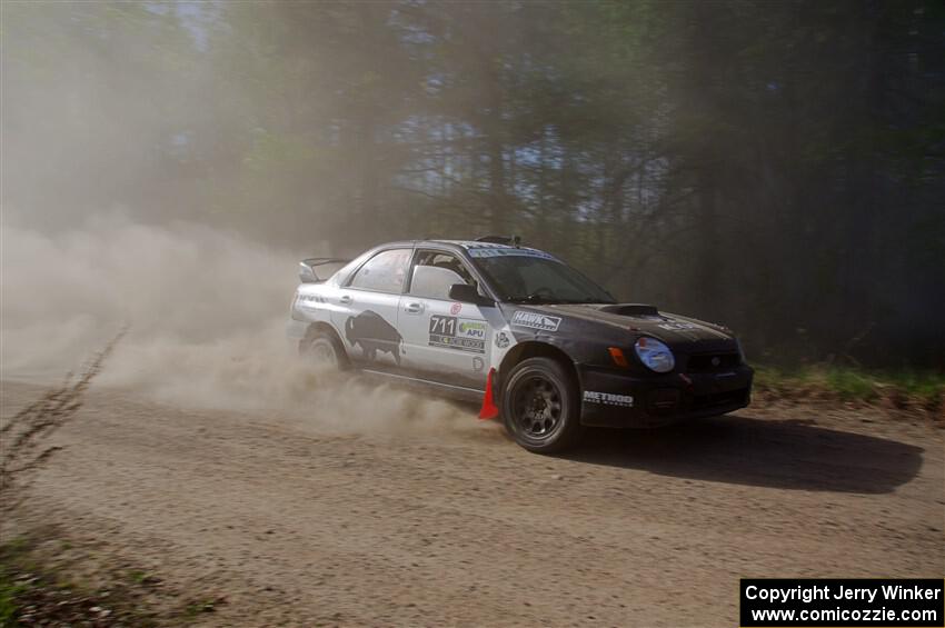 John Farrow / Peter Farrow Subaru WRX at the finish of SS6, Spur 2 Cutoff II.