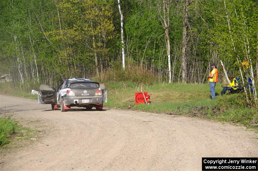 John Farrow / Peter Farrow Subaru WRX at the finish of SS6, Spur 2 Cutoff II.