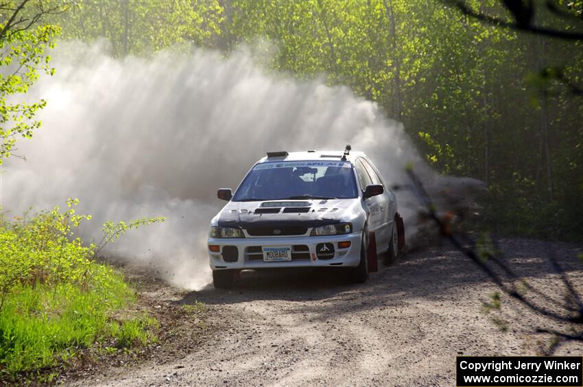 Aidan Hicks / John Hicks Subaru Impreza Wagon at the finish of SS6, Spur 2 Cutoff II.