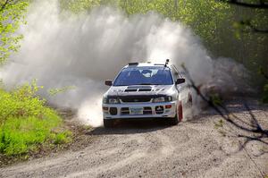 Aidan Hicks / John Hicks Subaru Impreza Wagon at the finish of SS6, Spur 2 Cutoff II.