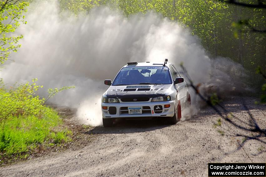 Aidan Hicks / John Hicks Subaru Impreza Wagon at the finish of SS6, Spur 2 Cutoff II.