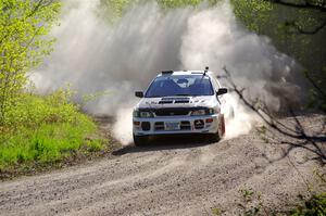 Aidan Hicks / John Hicks Subaru Impreza Wagon at the finish of SS6, Spur 2 Cutoff II.