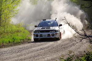 Aidan Hicks / John Hicks Subaru Impreza Wagon at the finish of SS6, Spur 2 Cutoff II.