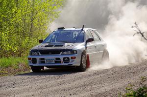 Aidan Hicks / John Hicks Subaru Impreza Wagon at the finish of SS6, Spur 2 Cutoff II.