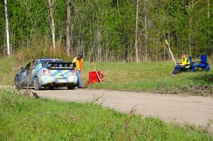 Matt James / Jackie James Subaru Impreza at the finish of SS6, Spur 2 Cutoff II.