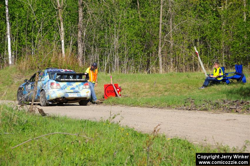 Matt James / Jackie James Subaru Impreza at the finish of SS6, Spur 2 Cutoff II.