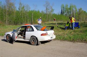 Richard Donovan / Greg Donovan Subaru Impreza at the finish of SS6, Spur 2 Cutoff II.