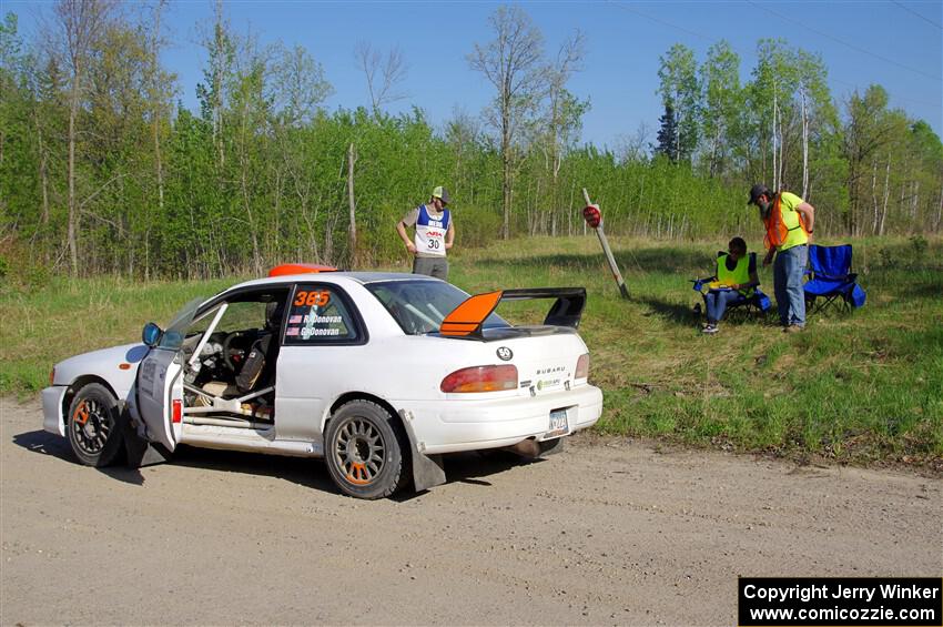 Richard Donovan / Greg Donovan Subaru Impreza at the finish of SS6, Spur 2 Cutoff II.