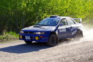 Corey Morris / Josh Nykanen Subaru Impreza at the finish of SS6, Spur 2 Cutoff II.