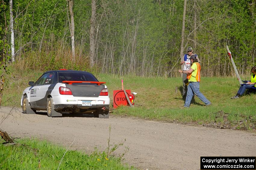 Jason Cook / Maggie Tu Subaru WRX at the finish of SS6, Spur 2 Cutoff II.