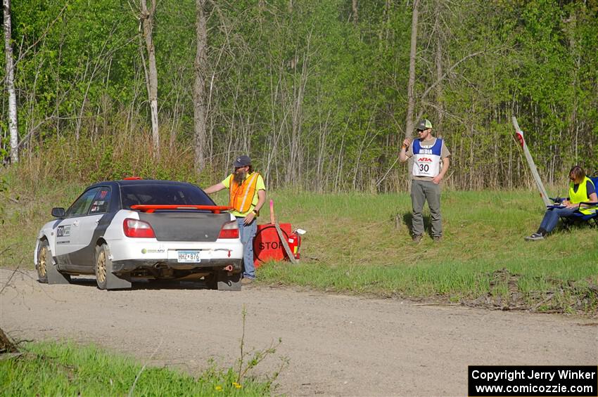 Jason Cook / Maggie Tu Subaru WRX at the finish of SS6, Spur 2 Cutoff II.