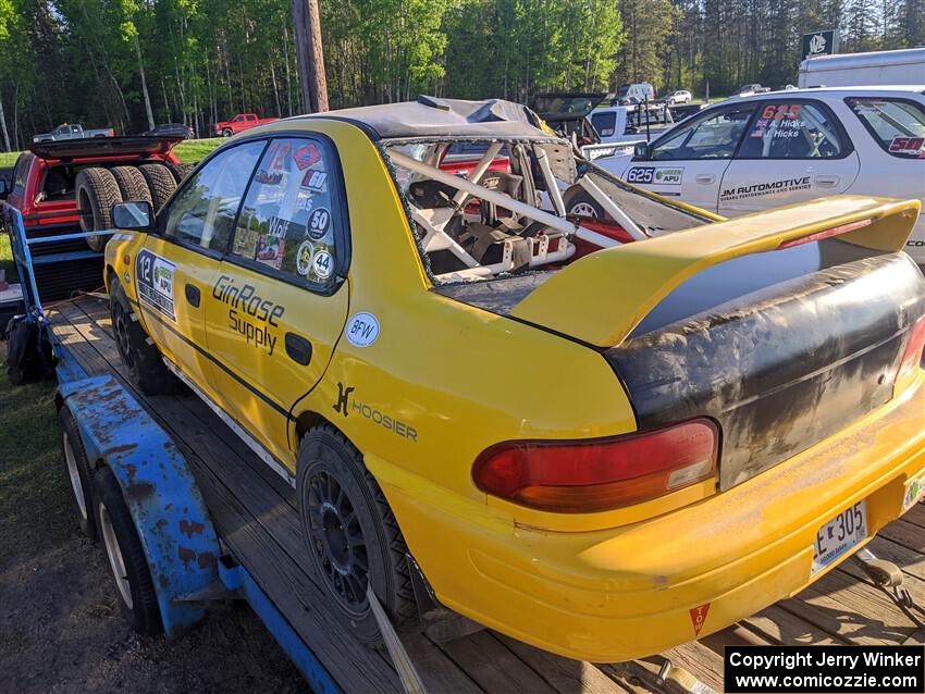 Steve Gingras / Lynn Wolf Subaru Impreza back on the trailer after rolling on SS2, Blue TraiI I.