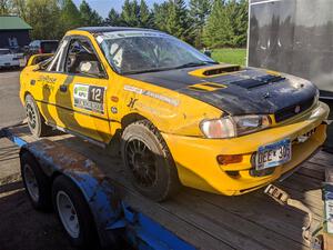 Steve Gingras / Lynn Wolf Subaru Impreza back on the trailer after rolling on SS2, Blue TraiI I.