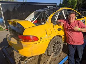 Steve Gingras / Lynn Wolf Subaru Impreza back on the trailer after rolling on SS2, Blue TraiI I.