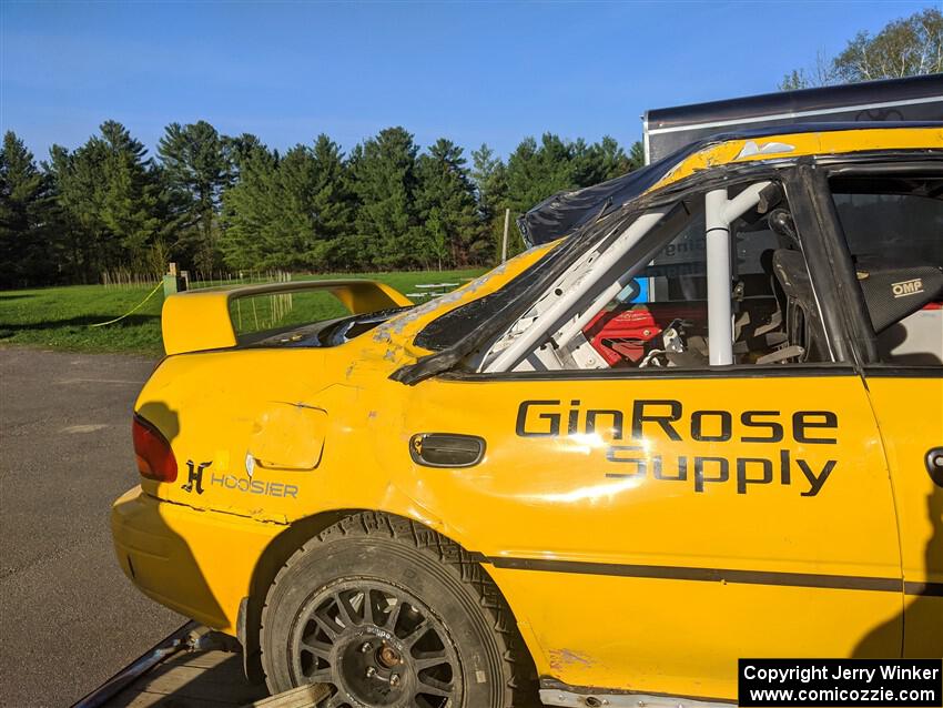 Steve Gingras / Lynn Wolf Subaru Impreza back on the trailer after rolling on SS2, Blue TraiI I.