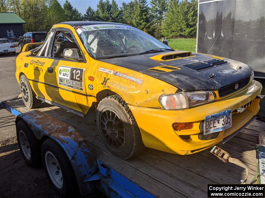 Steve Gingras / Lynn Wolf Subaru Impreza back on the trailer after rolling on SS2, Blue TraiI I.