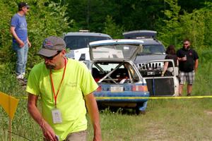 Perry Seaman / Patty Seaman Merkur XR4Ti rolled out of event on SS2, Skunk Creek.