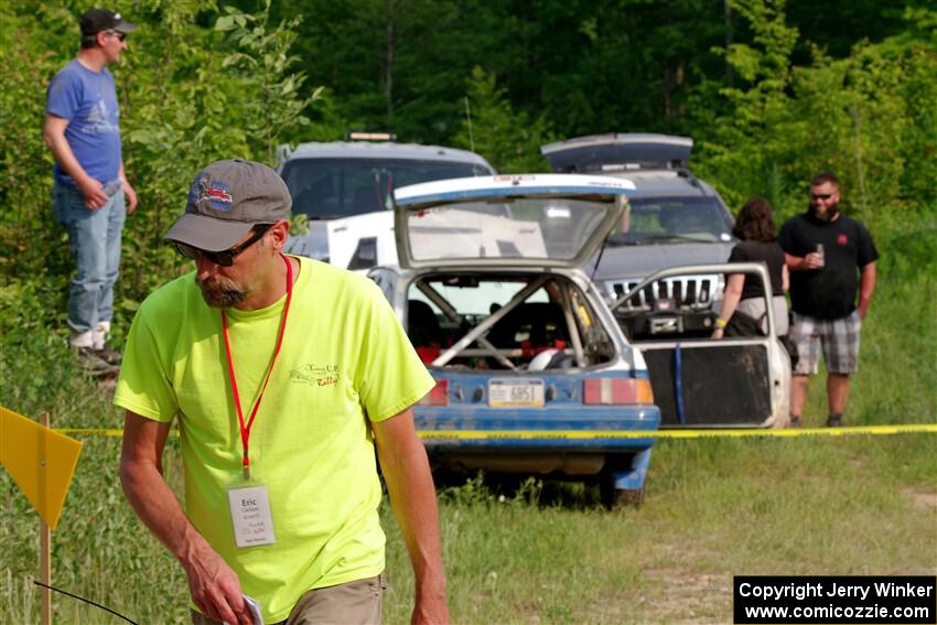 Perry Seaman / Patty Seaman Merkur XR4Ti rolled out of event on SS2, Skunk Creek.