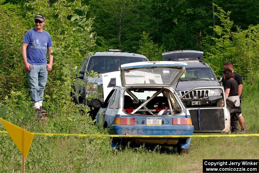 Perry Seaman / Patty Seaman Merkur XR4Ti rolled out of event on SS2, Skunk Creek.