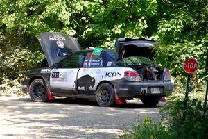 John Farrow / Michael Farrow Subaru WRX stops for repairs on SS2, Refuge I.