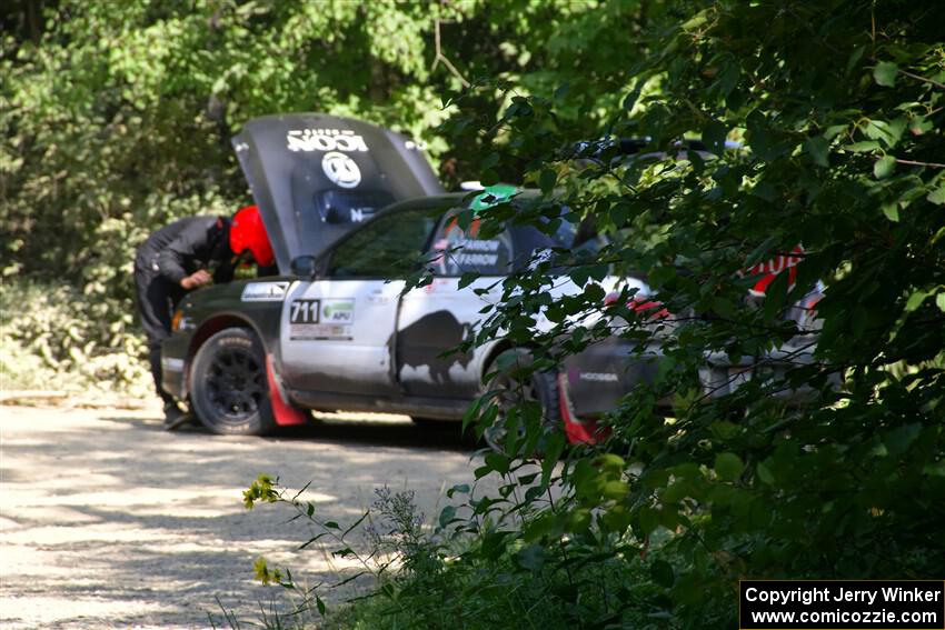 John Farrow / Michael Farrow Subaru WRX stops for repairs on SS2, Refuge I.