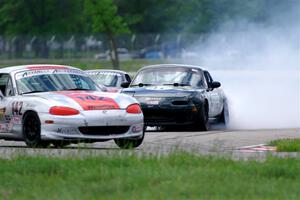 Sam Nogosek's Spec Miata Mazda Miata loses its engine after the finish line.