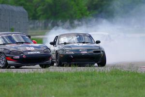 Sam Nogosek's Spec Miata Mazda Miata loses its engine after the finish line.