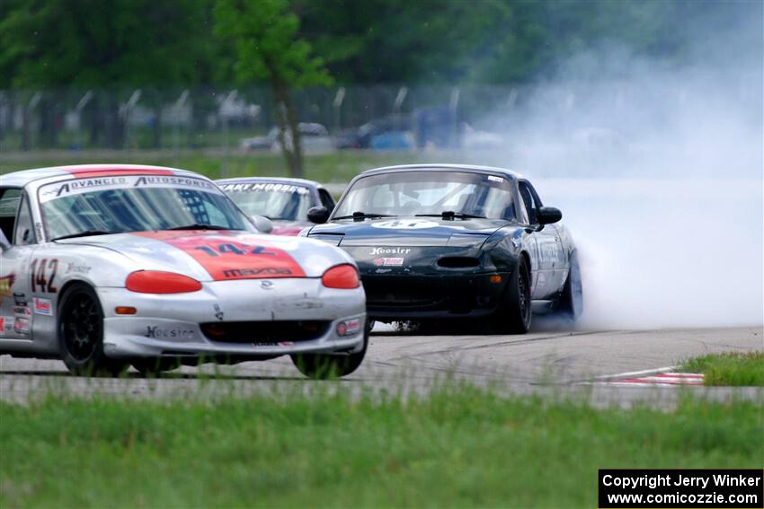 Sam Nogosek's Spec Miata Mazda Miata loses its engine after the finish line.