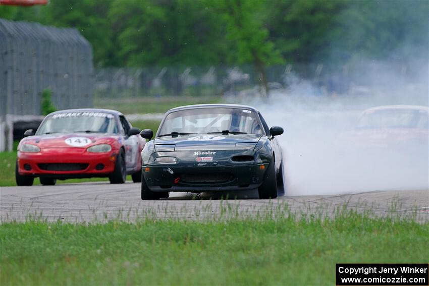 Sam Nogosek's Spec Miata Mazda Miata loses its engine after the finish line.